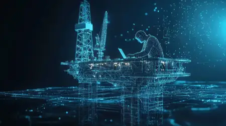 Цифровое изображение инженера-мужчины, работающего на морской нефтяной платформе, сочетающее технологии и инновации в области энергетических решений для будущего