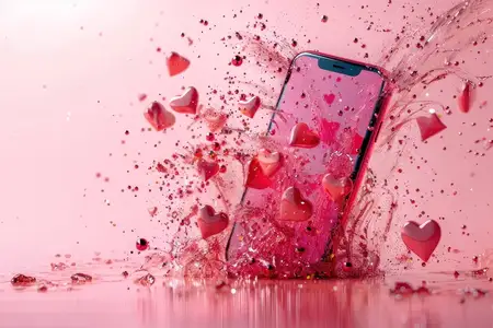 Розовый фон с водяными брызгами на iPhone и сердечками