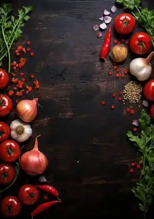 Свежие продукты на органическом столе: яркое кулинарное разнообразие на фоне деревенского дерева и темного фона