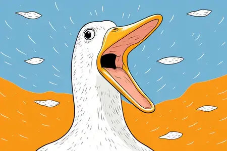 Причудливая дикая природа: забавная мультяшная иллюстрация милой утки с сине-белым оперением на голове, игриво летящей над красивым водным фоном