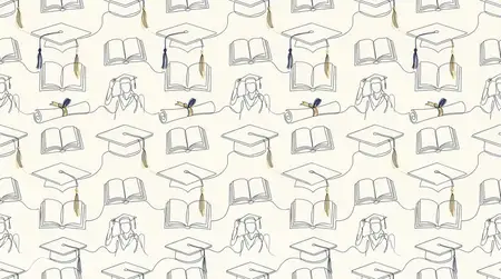 Бесшовный линейный орнамент с изображением выпускных шапочек, свёрнутых дипломов, открытых книг и стилизованных выпускников