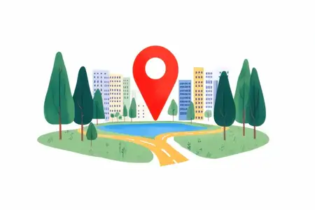 Яркая иллюстрация городского парка с меткой местоположения, деревьями, зданиями и тихим озером, идеально подходящая для приложений, связанных с навигацией, картографированием города и активным отдыхом