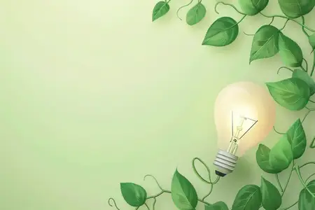 Яркая лампочка, уютно расположившаяся среди свежих зеленых листьев на нежном зеленом фоне, символизирующая устойчивость и креативность