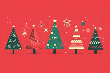 Коллекция из пяти разноцветных рождественских елок, представленных на ярком красном фоне