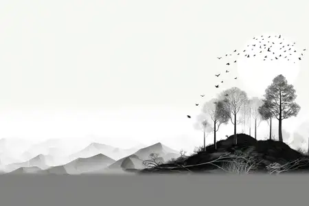 Закат, птица, лес, тушь, природа, иллюстрация, акварель, путешествие, на улице, абстрактный, силуэт, туман, белый, сцена, холм, горы, фон, искусство, пейзаж, деревья, фон, небо