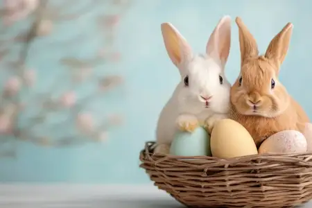 Очаровательные белые и коричневые кролики в корзине с пастельными пасхальными яйцами на спокойном весеннем фоне вызывают чувства радости и праздника