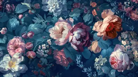 Нежные и яркие цветы, включая розы, пионы и другие бутоны, переплетенные с пышными зелеными листьями, создающие потрясающую ботаническую композицию