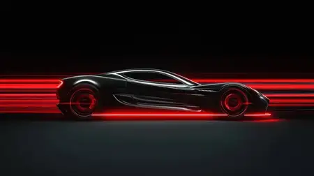 Стильный черный спортивный автомобиль запечатлен в движении, окруженный динамичными красными световыми следами, что подчеркивает инновации и высокую производительность