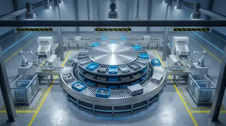 Реалистичная промышленная 3D-сцена, показывающая чистую симметричную линию повторного использования с возвращенными деталями, сортировочными станциями и эффективностью использования ресурсов