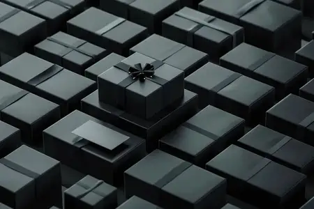 Сложенные чёрные подарочные коробки на тёмном фоне, коллекция роскошных подарков для модных и деловых мероприятий