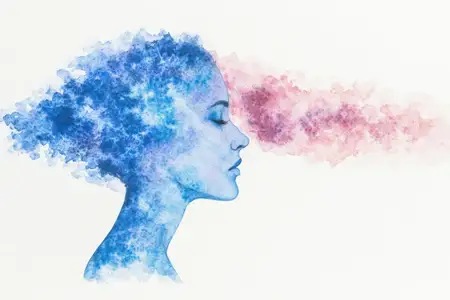 Студийная иллюстрация, передающая воображение, безмятежность и креативность через воздушную цветовую заливку, женскую форму и поэтическую абстракцию