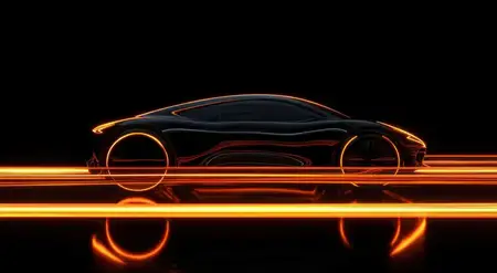 Гладкий и современный черный спортивный автомобиль, выделенный динамичными оранжевыми световыми полосами, подчеркивающий движение и энергию в высокотехнологичной автомобильной обстановке