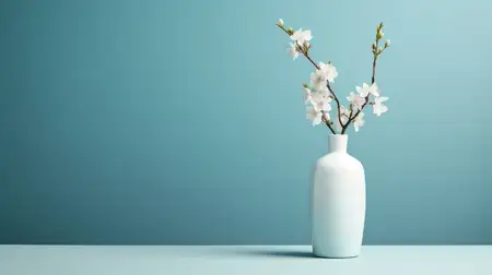 На деревянном столе стоит букет белых весенних цветов на фоне синего floral узора