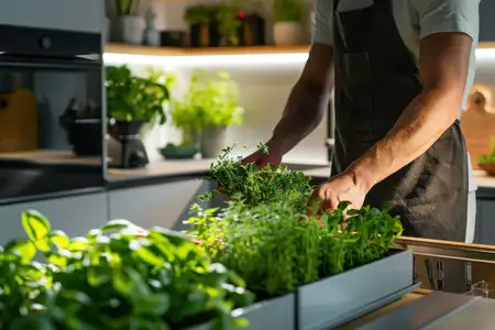 Мужчина в фартуке срывает свежую зелень с растения на кухонной стойке, готовя здоровую еду