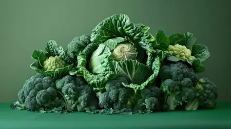 Яркая демонстрация разнообразных зелёных овощей, включая капусту, брокколи и цветную капусту, на тёмно-зелёной поверхности, подчёркивающая свежесть и питательность визуально привлекательным способом