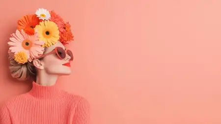 Весенний портрет улыбающейся модели в солнцезащитных очках и цветочной короне на персиковом фоне, символизирующий радость, красоту и яркую моду