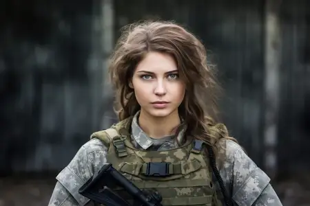 Тихая сила: молодая женщина-солдат в камуфляжной форме, вооруженная и выглядящая решительно, стоящая в студии на темном боевом фоне