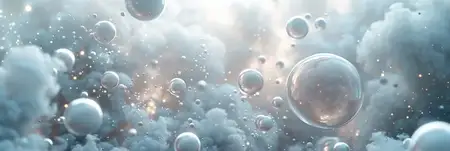 Абстрактные парящие капли воды, окруженные белыми и синими пузырьками в воздухе, отражающие свет и цвет