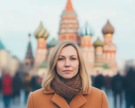 Уверенная блондинка в стильном коричневом пальто стоит перед собором Василия Блаженного, излучая тепло и очарование на фоне приглушенных цветов, что подчеркивает ее безмятежное выражение лица