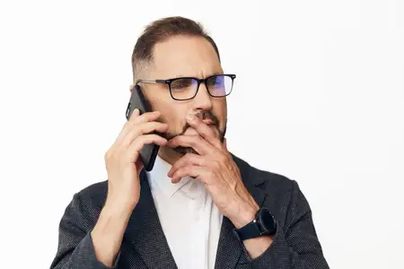 Объект одет в блейзер и очки, демонстрируя спокойное, решительное настроение, с современной студийной обстановкой и ярким цветом, чтобы подчеркнуть профессиональный тон и динамику отрасли