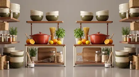 Глянцевая 3D-кухонная композиция с кухонной утварью, ингредиентами и кладовыми предметами, симметрично расположенными для фонов упаковки, брендинга или декора