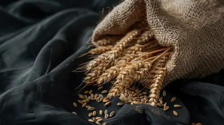 Мешок из мешковины, наполненный золотистыми зернами пшеницы, просыпается на элегантную темную ткань, подчеркивая красоту природного урожая и сельскохозяйственного изобилия