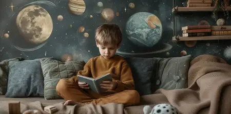 Маленький мальчик, увлеченно читающий книгу, сидит на диване перед настенной фреской с изображением планет в уютной комнате