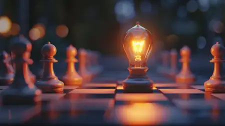Уникальное изображение, демонстрирующее светящуюся лампочку в окружении белых шахматных фигур на черно-белой шахматной доске, олицетворяющее креативность и стратегию