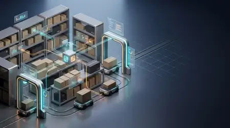 Гладкая 3D-сцена автоматизации склада: стеллажи, коробки, сканирующие ворота, тележки и абстрактные интерфейсы отслеживания