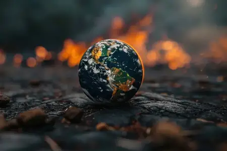 Визуально поразительное изображение Земли среди горящего пламени, символизирующее экологические проблемы