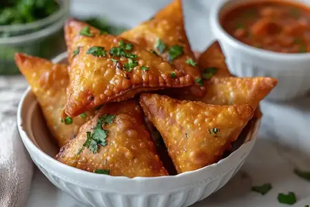 Вкусная жареная закуска на тарелке: хрустящая самоса — традиционное азиатское блюдо