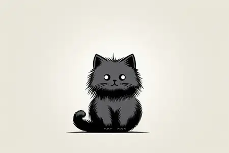Милый мультяшный котенок: счастливый и очаровательный черно-белый кот с пушистым хвостом, весело сидящий на красивом абстрактном фоне