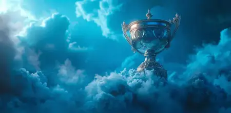 Золотой трофей на фоне драматичного облачного неба с солнечными лучами, пробивающимися сквозь облака, символизирующий достижение и успех