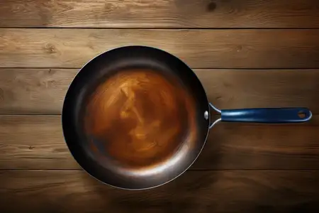 Винтажная деревянная кухонная утварь: крупный план пустого чугунного сковороды на черном металлическом столе