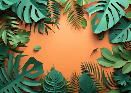 Тропические листья на оранжевом фоне с местом для текста в стиле 3D-бумажного искусства