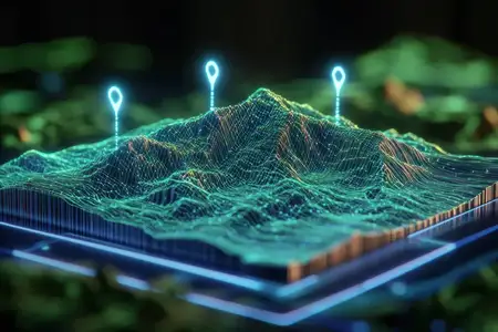 Продвинутая 3D-визуализация, демонстрирующая футуристический пейзаж со светящимися маркерами местоположения, подчеркивающая технологии, инновации и представление данных