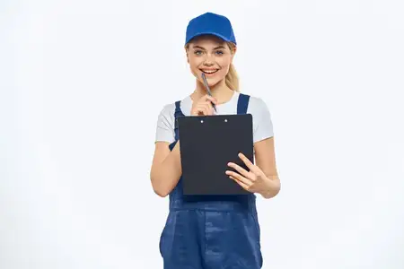 Работающая женщина в униформе, документы, служба доставки, курьерские услуги
