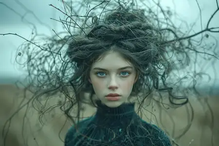 Сказочная фантазия: симпатичная модель женского пола с милым гламуром в романтичном белом платье позирует в зеленом лесу с выразительными глазами