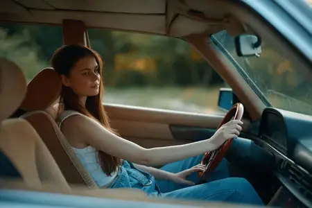 Молодая женщина в винтажном автомобиле, одетая в повседневный летний наряд, излучает спокойствие и уверенность, снятая на закате, что идеально подходит для тем образа жизни и путешествий