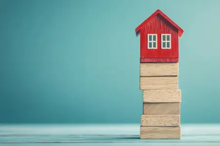 Броская модель красного дома, приподнятая на деревянных брусках, представляет концепцию стабильности и строительства, идеально подходит для визуализации в сфере недвижимости и архитектуры