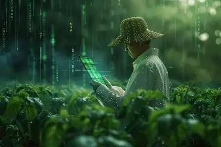 Будущее, основанное на данных: цифровой фермер печатает на клавиатуре — кибернетическое видение зелёных полей