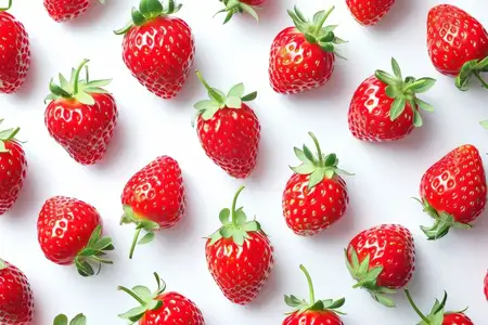 Узор из свежих красных ягод клубники, выложенных на белом фоне, создающий естественный и яркий рисунок
