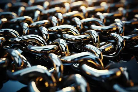 Металлические цепи соединяют стальную прочность: крупный план тяжелых сцепленных железных цепей на ржавом фоне