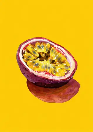Красочная иллюстрация половинки маракуйи с ярко-желтой мякотью и фиолетовой кожурой на ярком желтом фоне