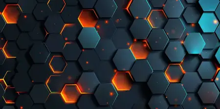Поразительный шестиугольный дизайн со светящимися оранжевыми акцентами на тёмном фоне, символизирующий инновации и изысканность