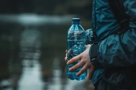 Человек держит бутылку воды на фоне спокойного озера и густого леса в солнечный день