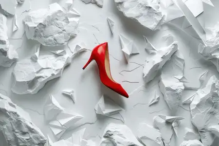 Туфли на высоком каблуке с красной подошвой, фирменной красной подошвой Louboutin, на белом фоне