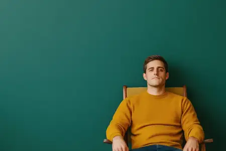 Мужчина-модель в горчичном свитере сидит на стуле на фоне глубокого зеленого цвета, излучая спокойствие и уверенность