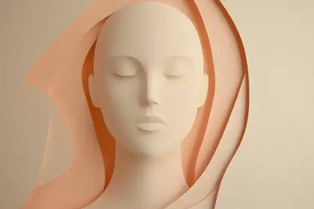 Минималистичная 3D-иллюстрация спокойного женского лица на мягком цветном фоне, подчеркивающая умиротворение и элегантность через плавные линии и тонкие тона