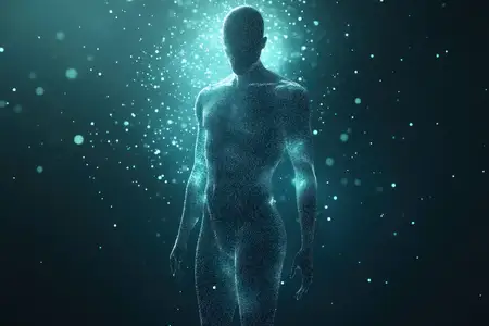 Завораживающее абстрактное изображение светящегося человеческого силуэта среди парящих частиц